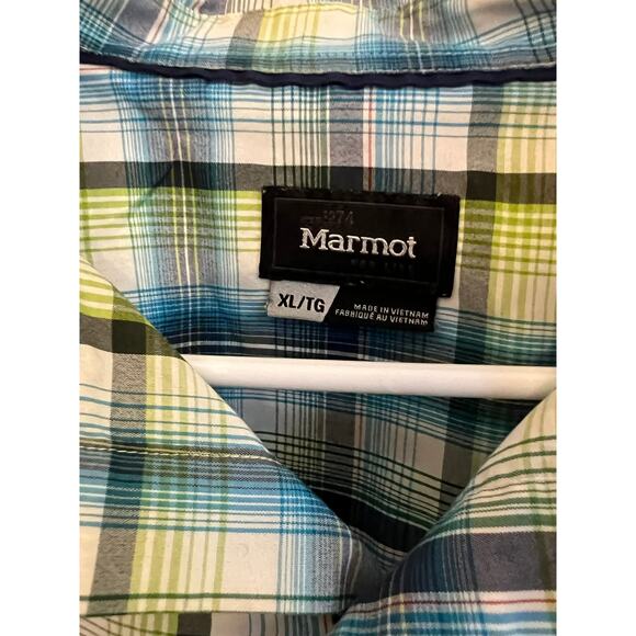Marmot Men's Blue and Green Plaid Button Up Light Weight Short Sleeve Shirt XL - Picture 2 of 10
